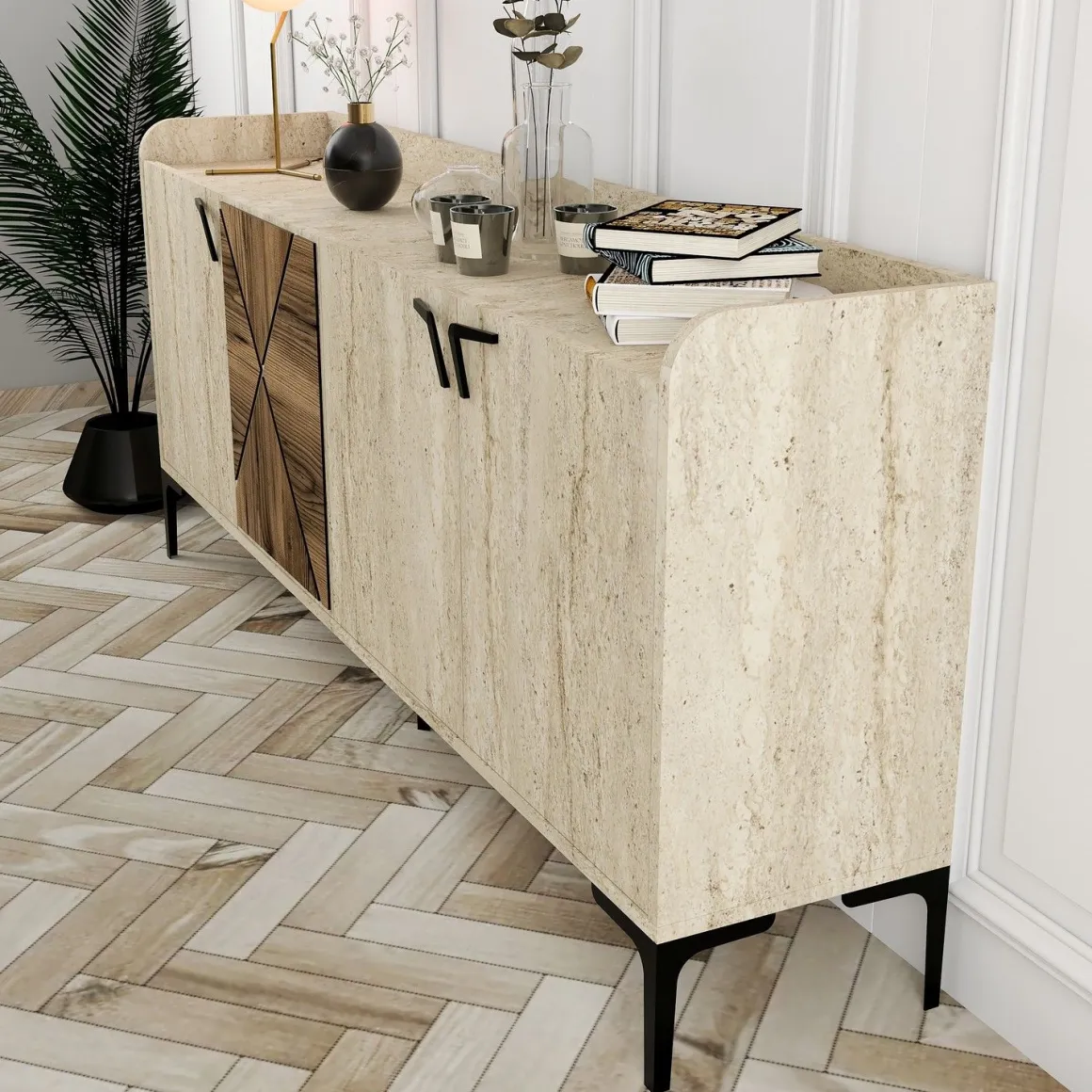 Credenza Beige Marmo Marrone Marmo 2 Ripiani 4 Vani 180x35x78h cm, 4 Ante - Roatto