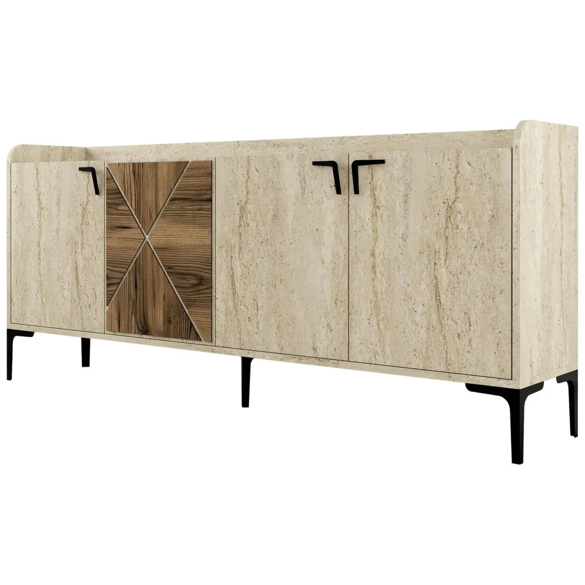 Credenza Beige Marmo Marrone Marmo 2 Ripiani 4 Vani 180x35x78h cm, 4 Ante - Roatto