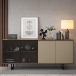 Credenza Beige Marrone Noce 3 Ripiani Apertura Battente 200x40x87h cm, 4 Ante - Malnate