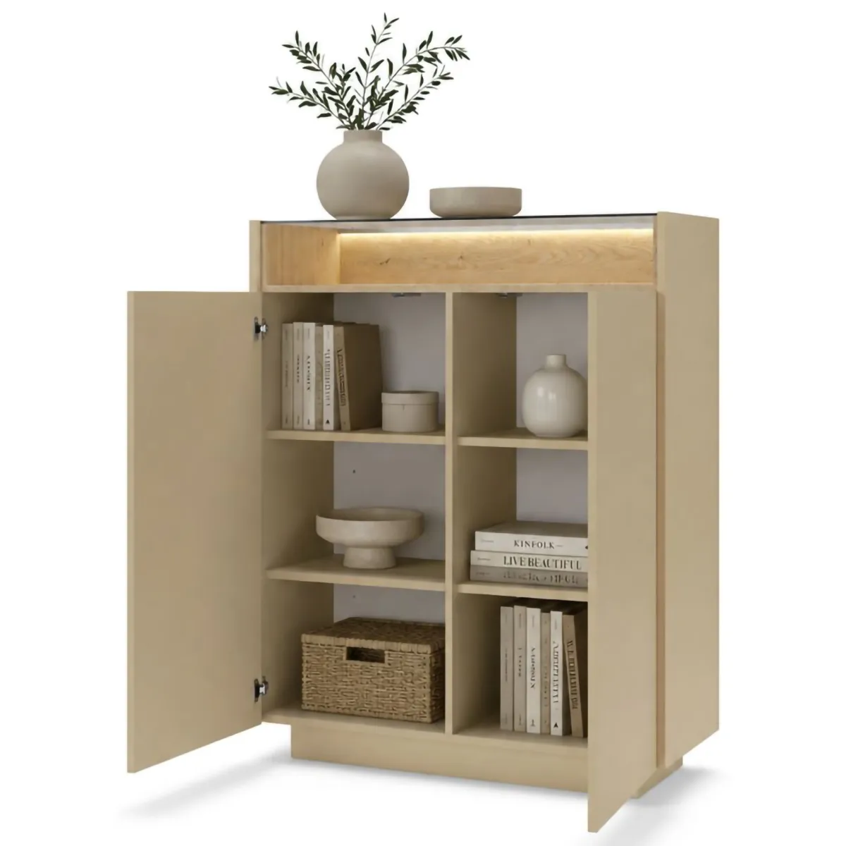 Credenze > Dmora Credenza Beige Marrone 4 Ripiani Apertura Battente 103x40x119h cm, 2 Ante - Halane Marrone, Beige