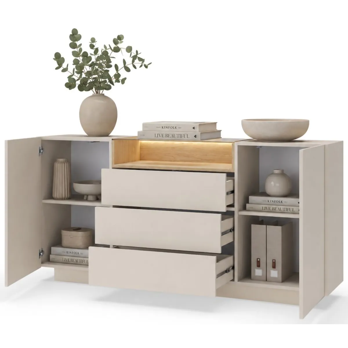 Credenze > Dmora Credenza Beige Marrone Rovere 3 Cassetti 2 Ripiani 176x40x83h cm, Apertura Battente, Scorrevole - Haleli Marrone Rovere, Beige