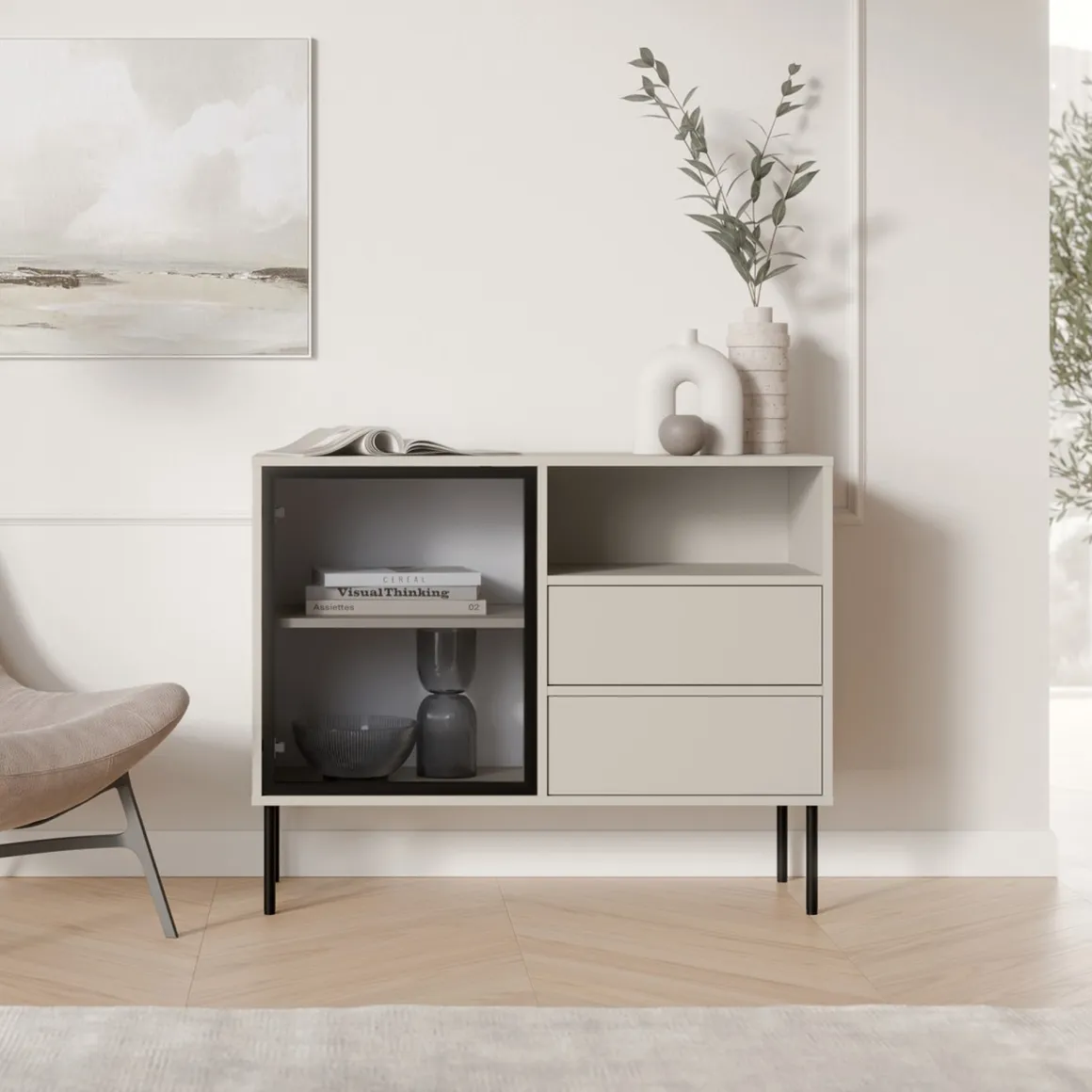 Credenza Beige Nero 2 Cassetti 2 Ripiani 100x40x80h cm, Apertura Battente, Scorrevole - Caravino