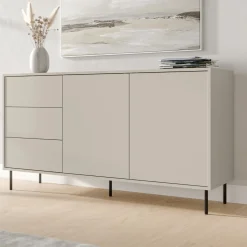 Madie|Credenze > Dmora Credenza Beige Nero 3 Cassetti 2 Ripiani 150x39x80h cm, Apertura Battente, Scorrevole - Civezza Nero, Beige Cashmere