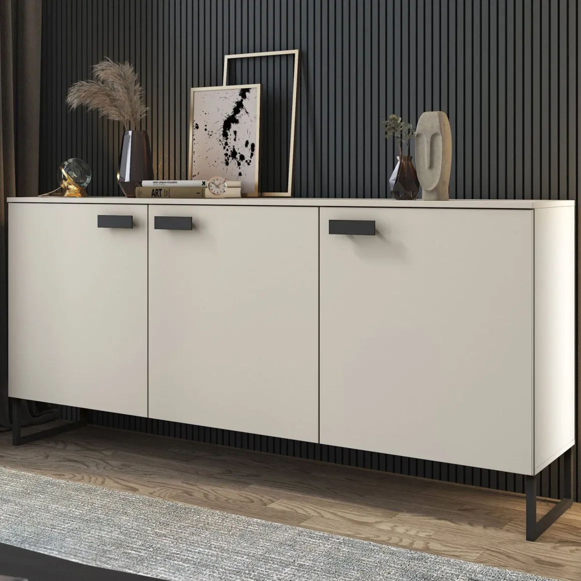 Credenza Beige Nero 3 Cassetti 2 Ripiani 184x40x86h cm, Apertura Battente - Reano