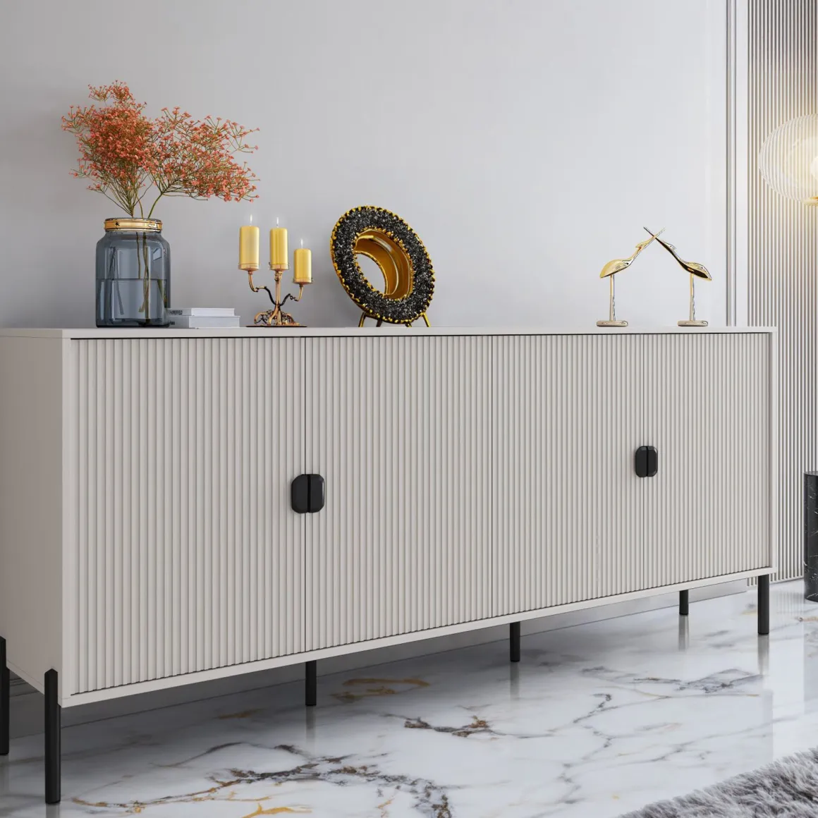 Madie|Credenze > Dmora Credenza Beige Nero Cassetti Ripiani 203x49x83h cm, Apertura Battente - Parenti Nero, Beige Cashmere