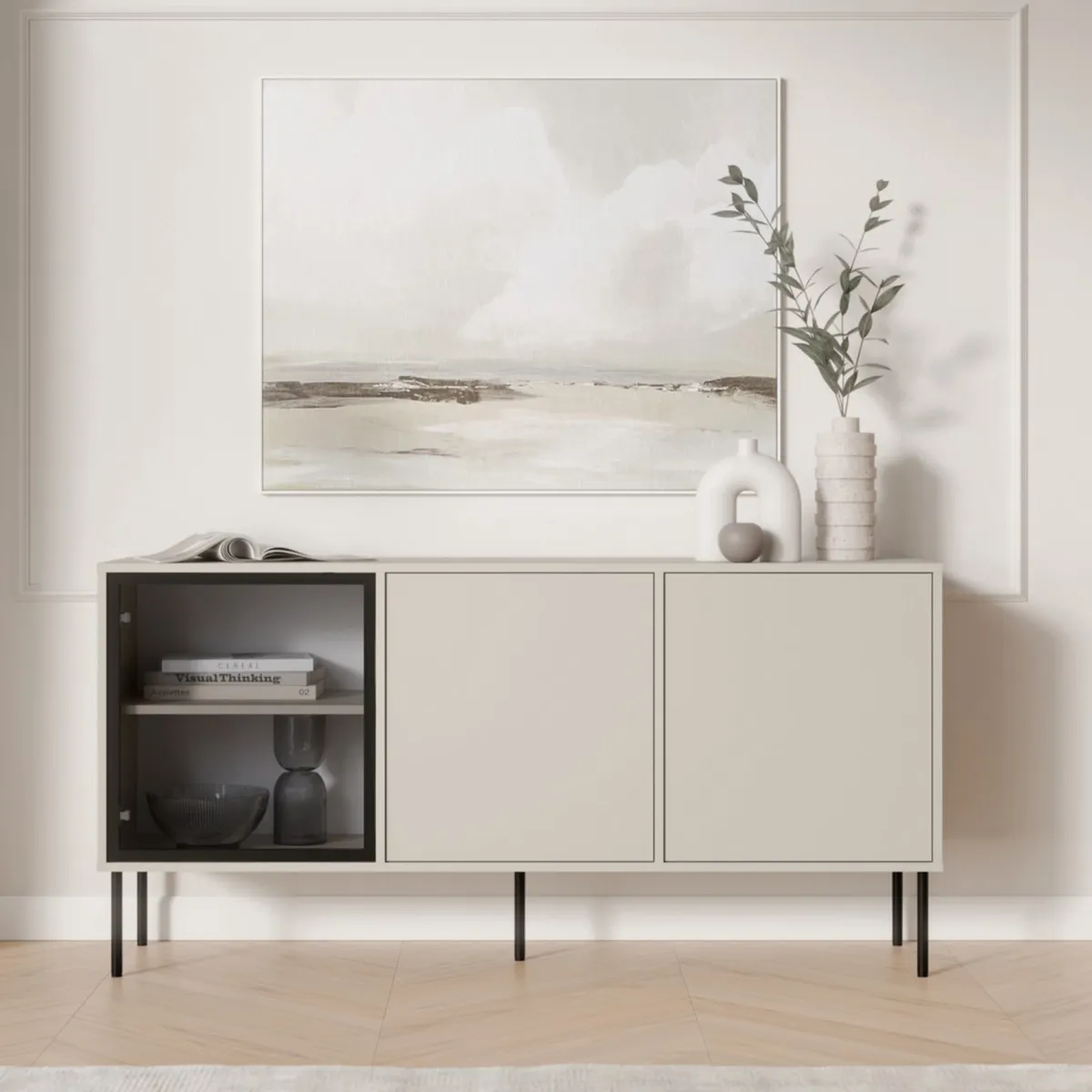 Madie|Credenze > Dmora Credenza Beige Nero 3 Ripiani Apertura Battente 150x40x75h cm, 3 Ante - Conzano Nero, Beige Cashmere
