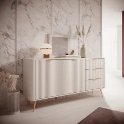 Credenze > Dmora Credenza Beige oro 3 Cassetti 2 Ripiani 163x38x81h cm, Apertura Battente, Scorrevole - Halilala Oro, Beige