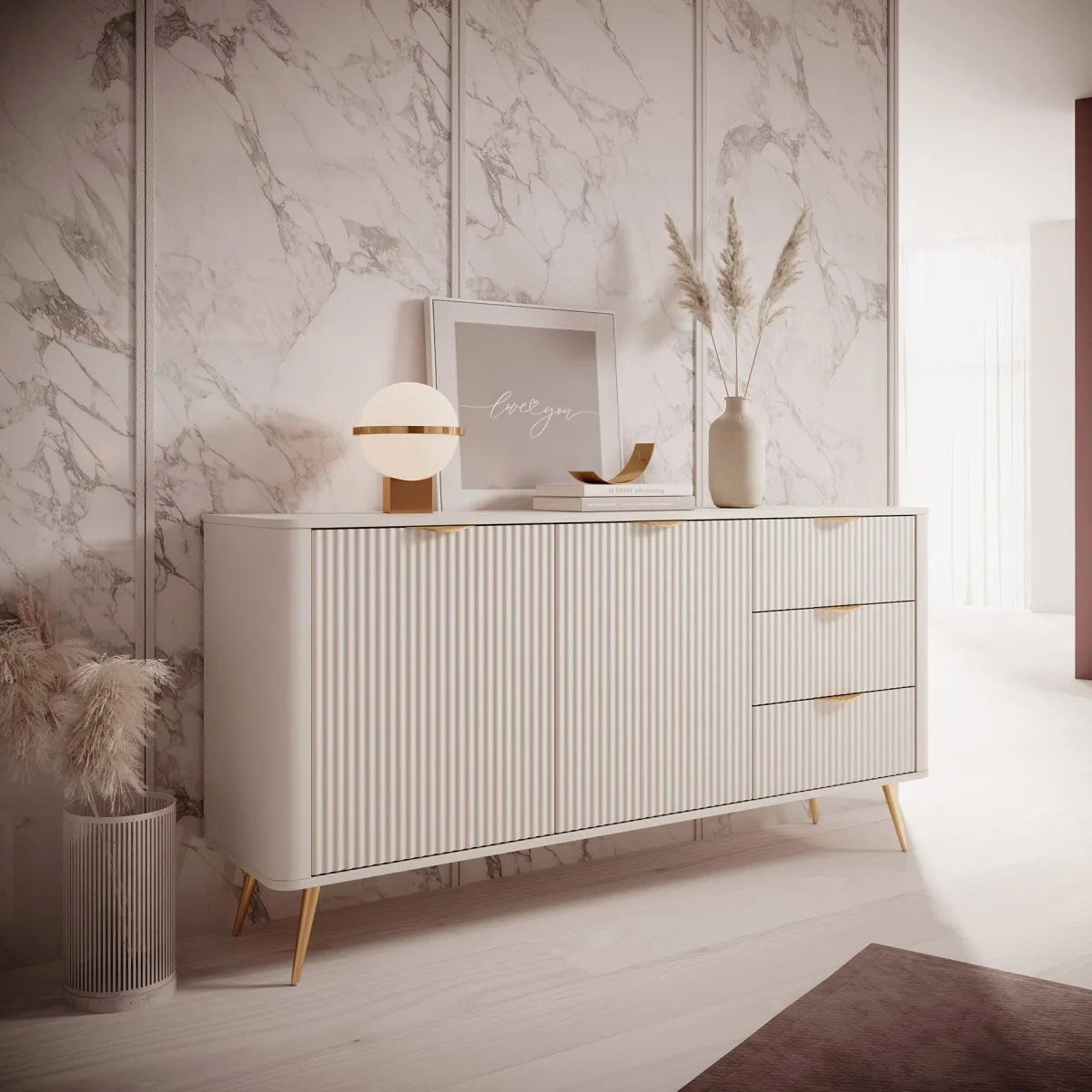 Credenze > Dmora Credenza Beige oro 3 Cassetti 2 Ripiani 163x38x81h cm, Apertura Battente, Scorrevole - Halilala Oro, Beige