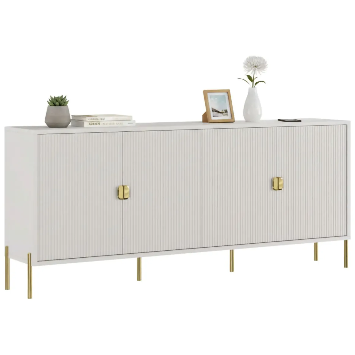 Credenza Beige oro Cassetti 4 Ripiani 203x49x83h cm, Apertura Battente - Arpina