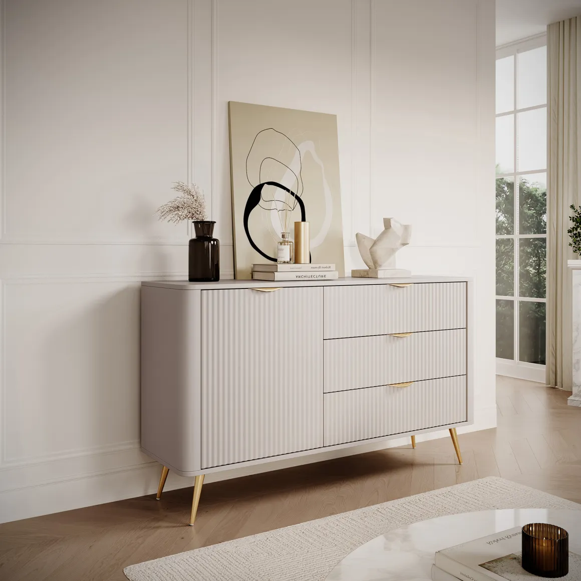 Credenze > Dmora Credenza Beige oro 4 Cassetti un Ripiano 88x38x101h cm, Apertura Scorrevole - Haliso Oro, Beige