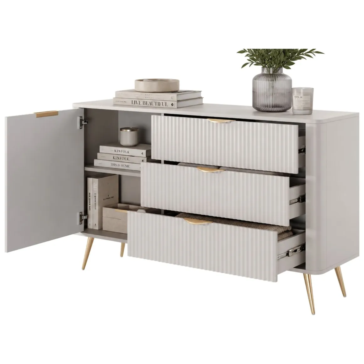 Credenze > Dmora Credenza Beige oro 4 Cassetti un Ripiano 88x38x101h cm, Apertura Scorrevole - Haliso Oro, Beige