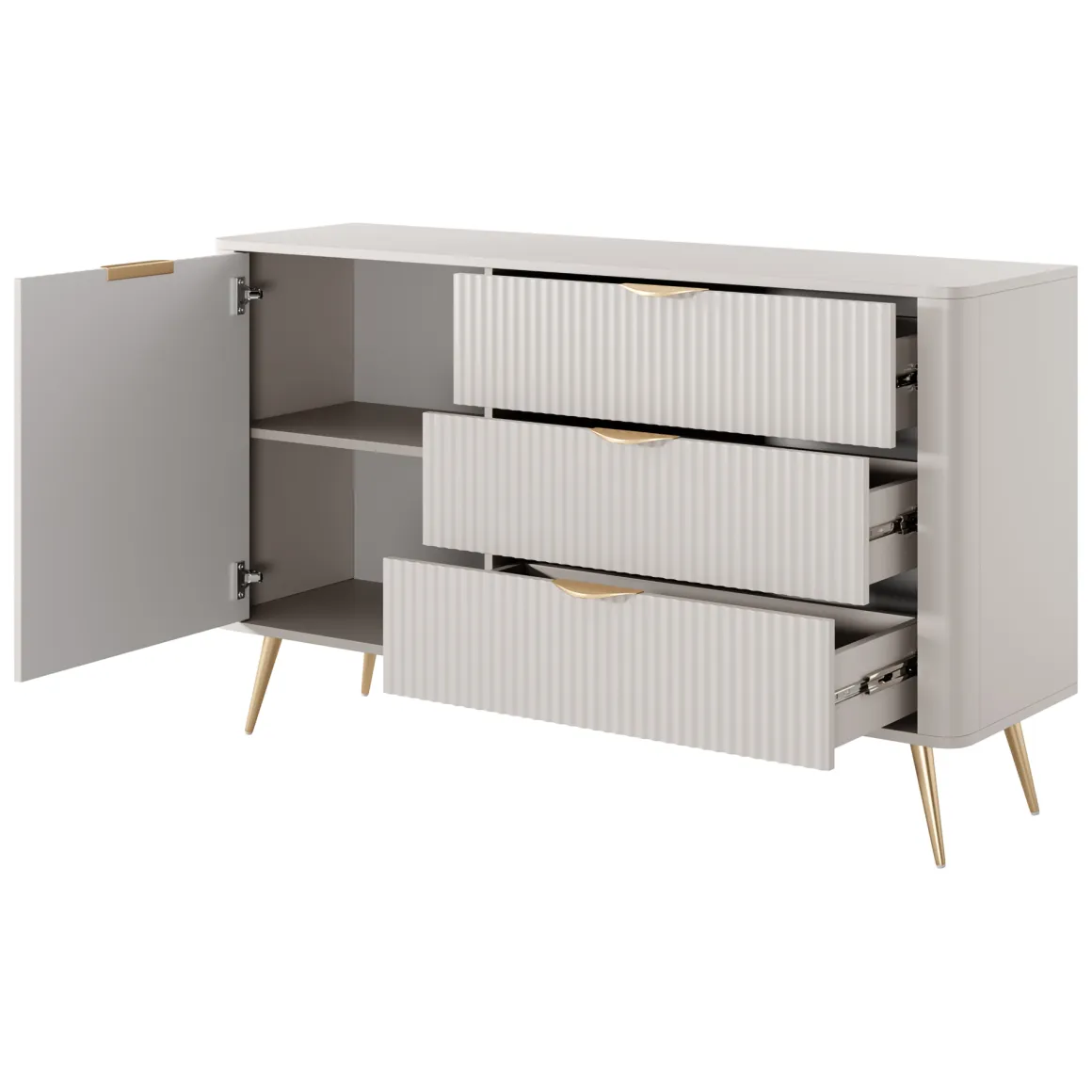 Credenza Beige oro 3 Cassetti un Ripiano 138x38x81h cm, Apertura Battente, Scorrevole - Halilomo