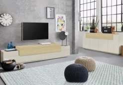 Madie|Credenze > Dmora Credenza 3 Ripiani Apertura Battente, a Ribalta 200x45x85.5h cm, 5 Ante - Pulfero Beige
