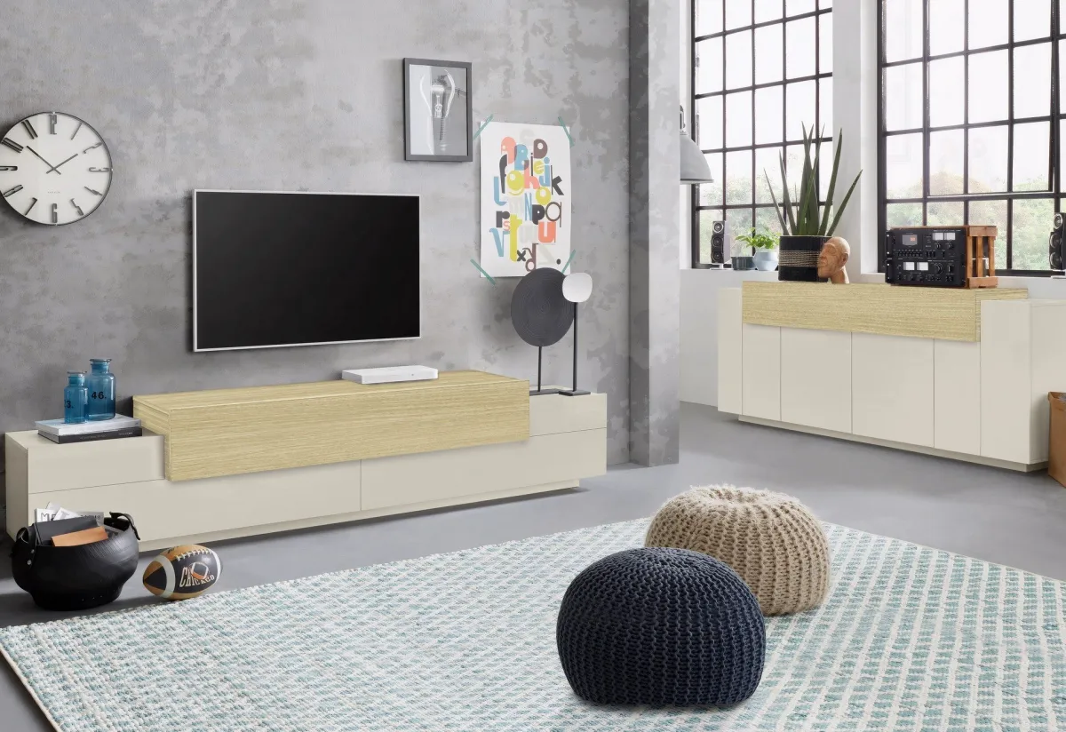 Madie|Credenze > Dmora Credenza 3 Ripiani Apertura Battente, a Ribalta 200x45x85.5h cm, 5 Ante - Pulfero Beige
