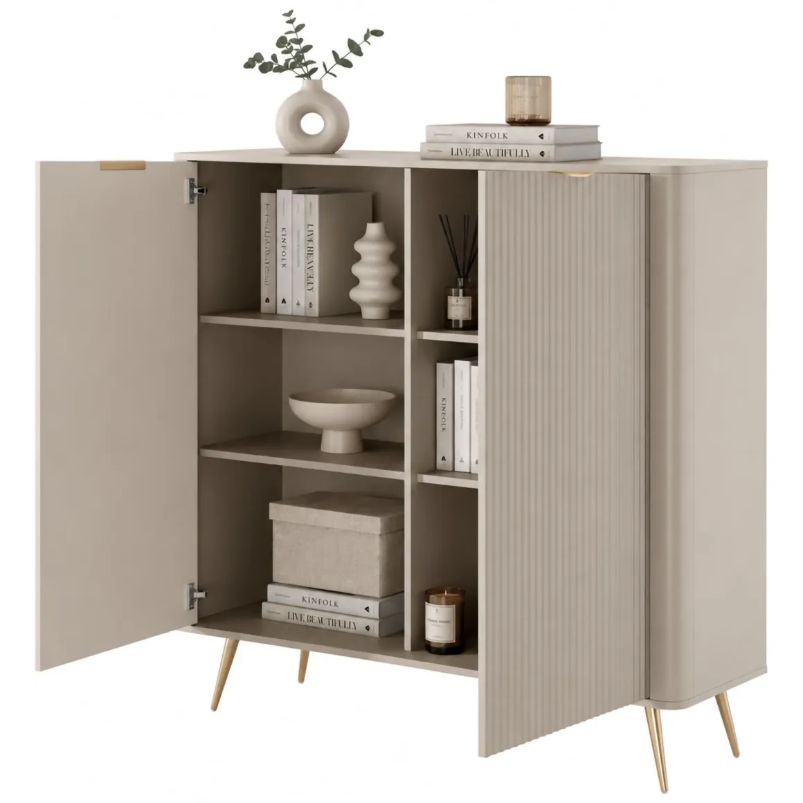 Credenza Beige 4 Ripiani Apertura Battente 113x38x134h cm, 2 Ante - Nerrio