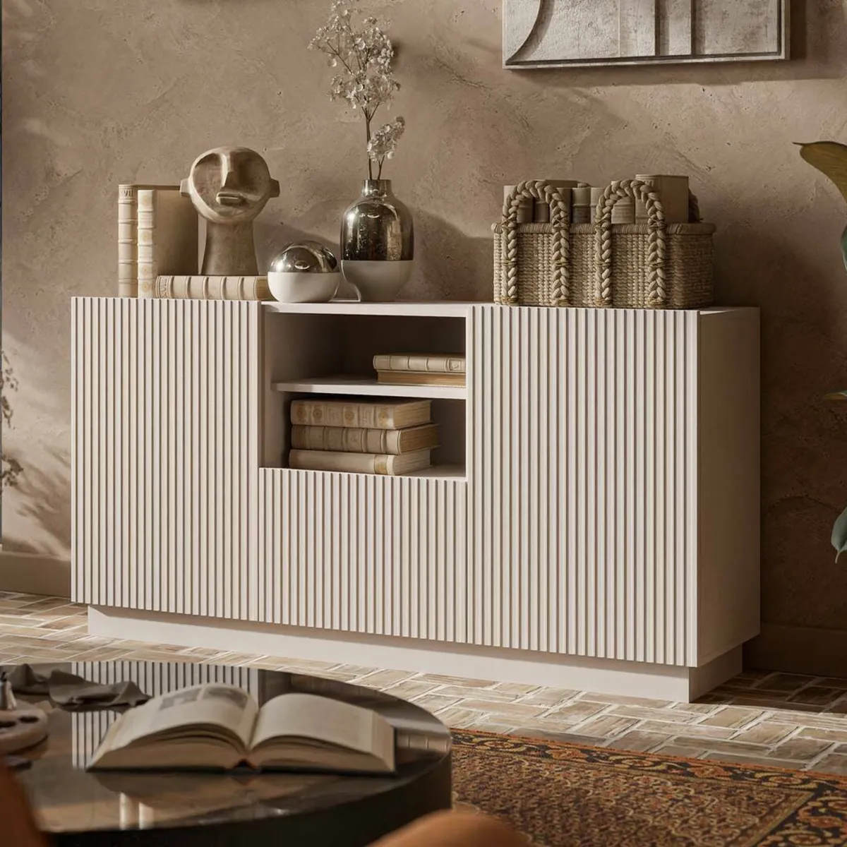 Madie|Credenze > Dmora Credenza beige 150x40x78h cm 2 ante e 1 cassetto - Serchio Beige Cashmere