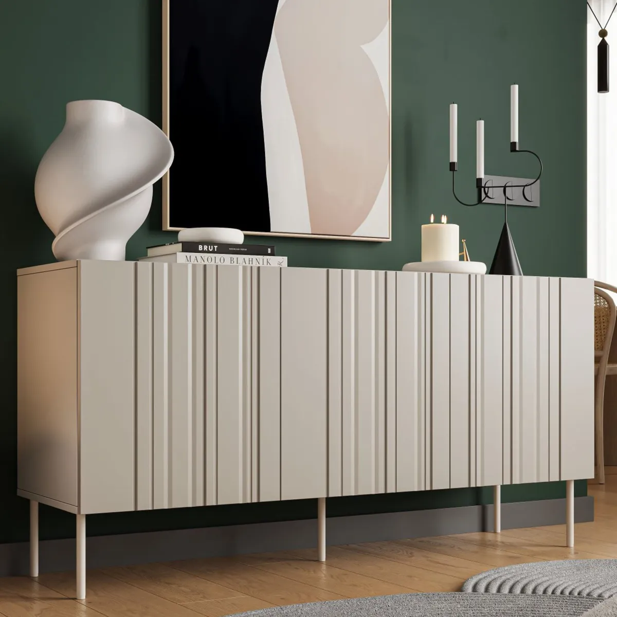 Madie|Credenze > Dmora Credenza beige 150x42x75h cm 3 ante - Spirano Beige Cashmere