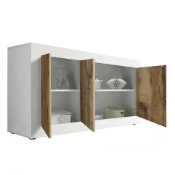 Madie|Credenze > Dmora Credenza bianca e acacia 160x43x86h cm 3 ante - Faustin Marrone, Bianco Acacia
