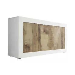 Madie|Credenze > Dmora Credenza bianca e acacia 160x43x86h cm 3 ante - Faustin Marrone, Bianco Acacia