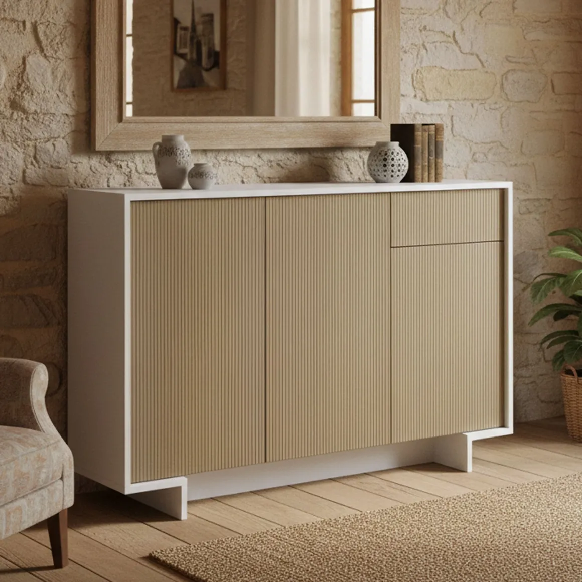 Credenza bianca e beige 134x35x87h cm 3 ante e 1 cassetto - Arius