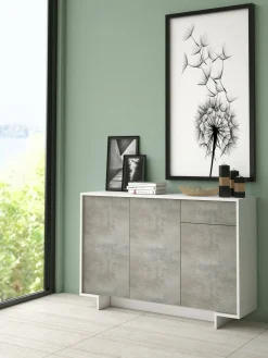 Cucina|Madie > Dmora Credenza bianca e cemento 134x35x87h cm 3 ante e 1 cassetto - Arius Grigio, Bianco Cemento