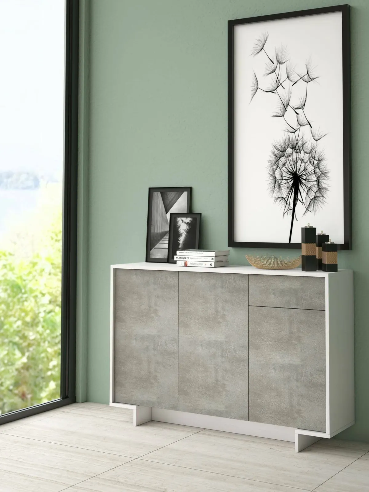 Cucina|Madie > Dmora Credenza bianca e cemento 134x35x87h cm 3 ante e 1 cassetto - Arius Grigio, Bianco Cemento