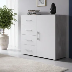 Credenza bianca e cemento 90x41x87h cm 1 anta e 4 cassetti - Aracnida