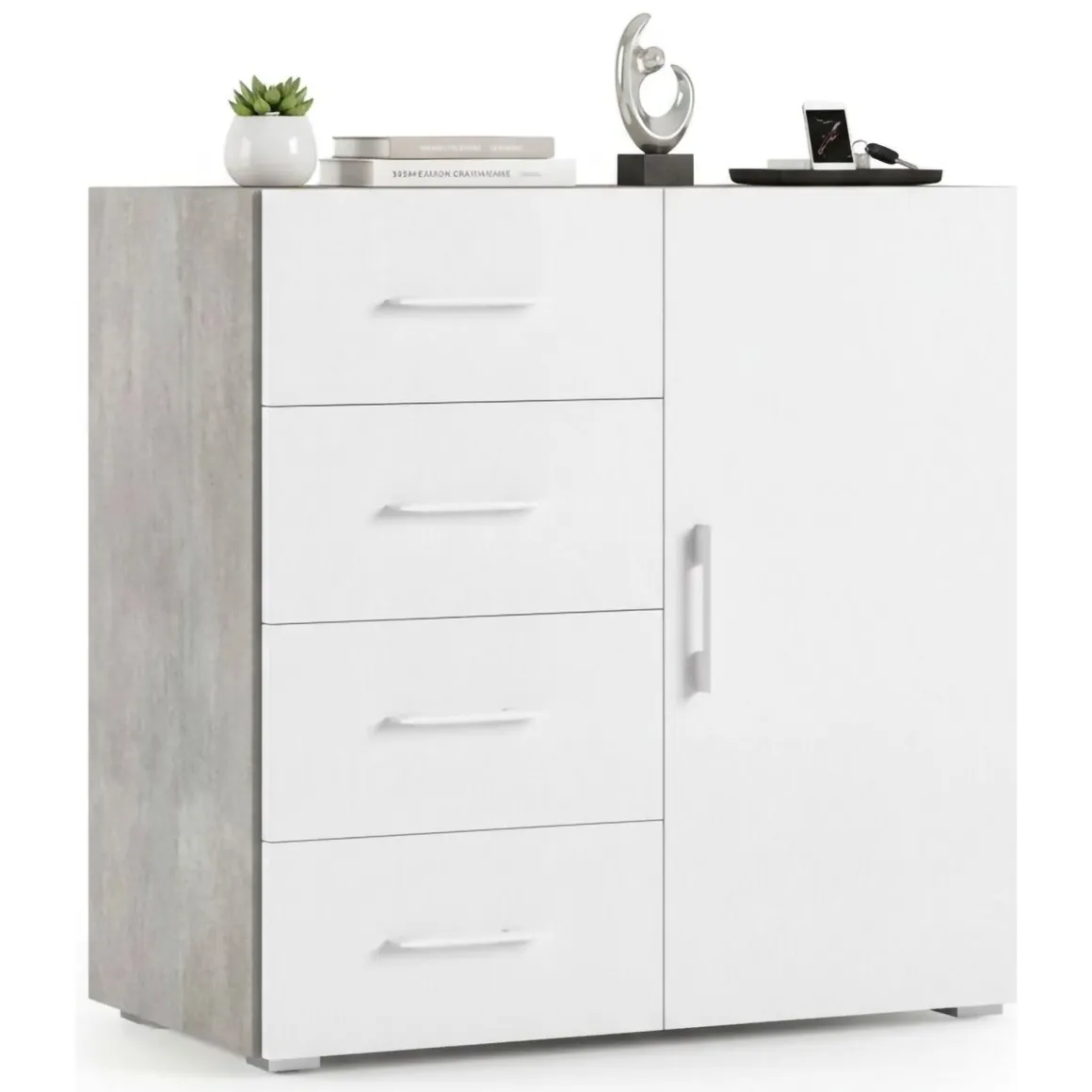 Credenza bianca e cemento 90x41x87h cm 1 anta e 4 cassetti - Aracnida