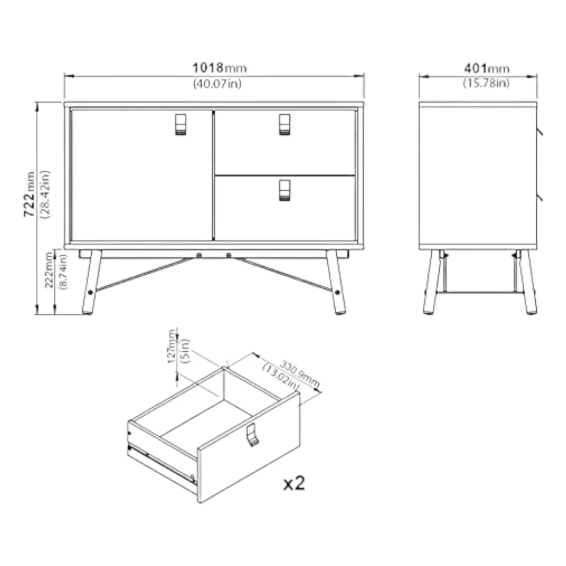 Credenza bianca e nera 101x40x72h cm 1 anta e 2 cassetti - Arconate