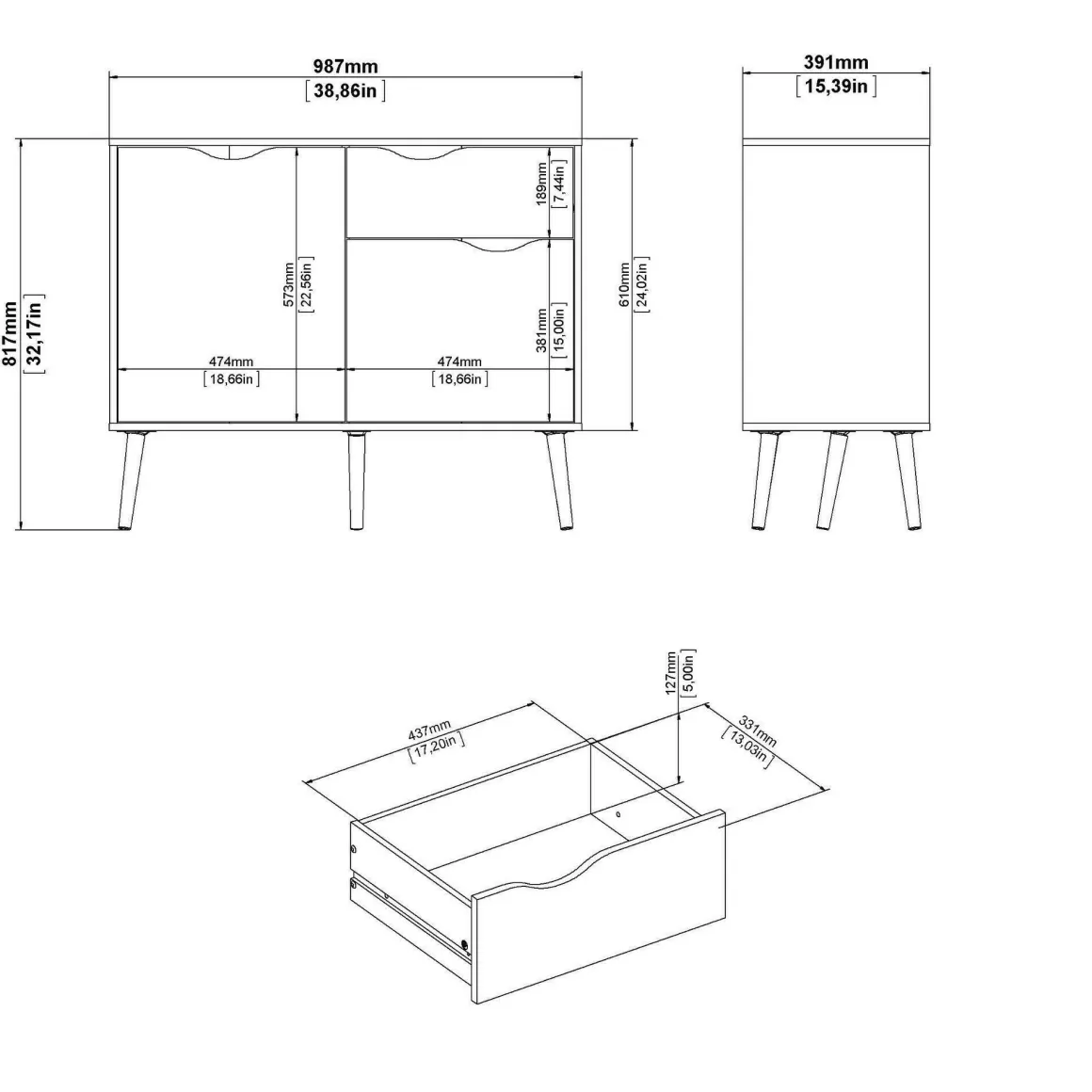 Credenza bianca e nera 98x39x81h cm 2 ante e 1 cassetto - Audit