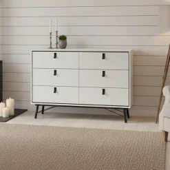 Madie|Credenze > Dmora Credenza bianca e nera 150x40x94h cm 6 cassetti - Anturio Nero, Bianco