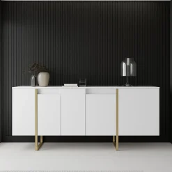 Cucina|Madie > Dmora Credenza bianca e oro elegante 160x35x80h cm 4 ante - Arta Oro, Bianco