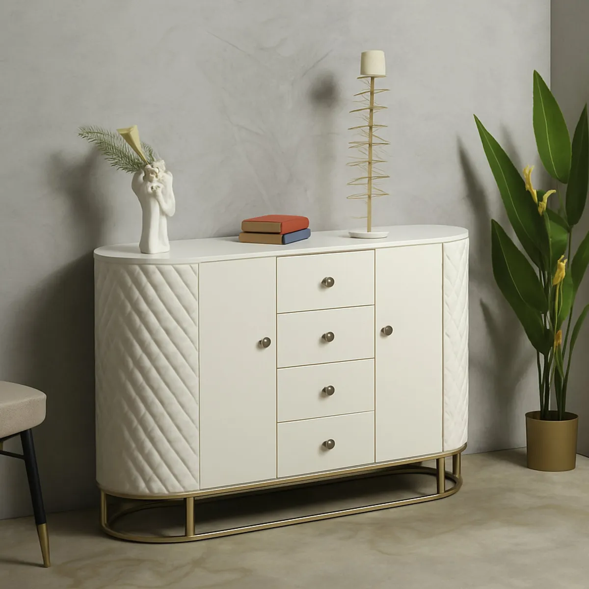 Madie|Credenze > Dmora Credenza bianca e oro 120x40x85h cm 2 ante e 4 cassetti - Grotte Oro, Bianco
