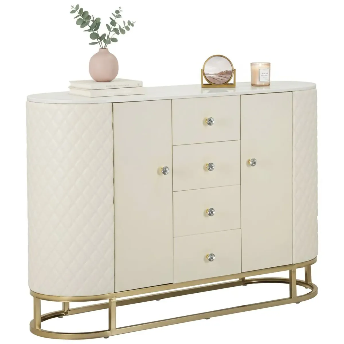 Madie|Credenze > Dmora Credenza bianca e oro 120x40x85h cm 2 ante e 4 cassetti - Grotte Oro, Bianco