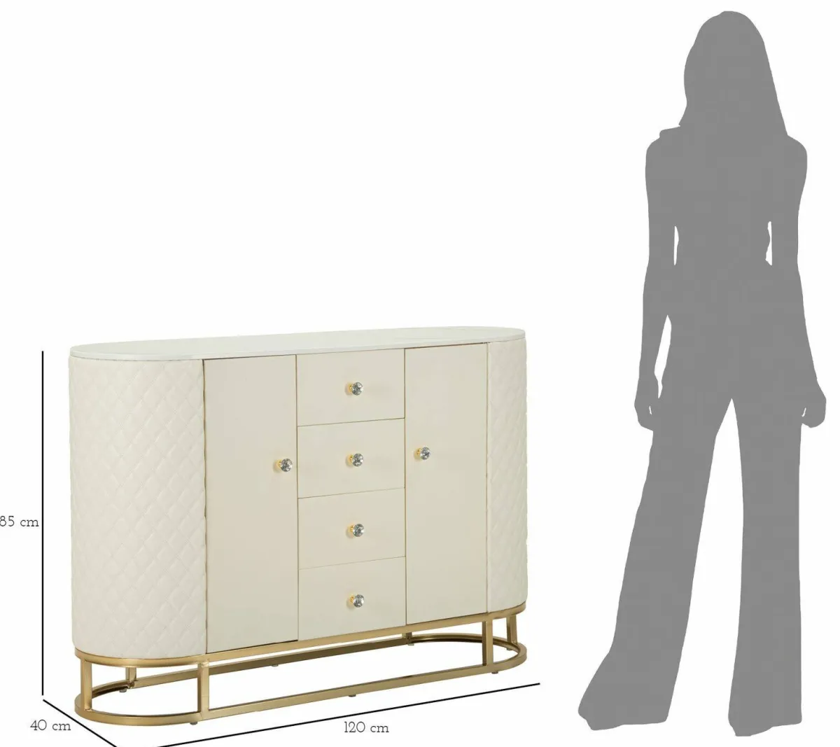 Madie|Credenze > Dmora Credenza bianca e oro 120x40x85h cm 2 ante e 4 cassetti - Grotte Oro, Bianco