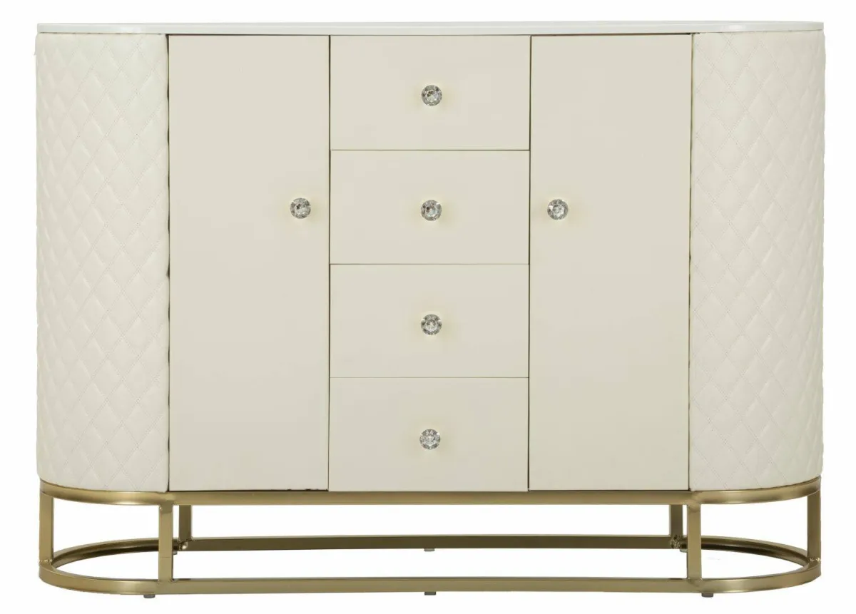 Madie|Credenze > Dmora Credenza bianca e oro 120x40x85h cm 2 ante e 4 cassetti - Grotte Oro, Bianco