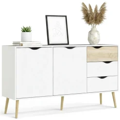 Credenza bianca e quercia 147x39x81h cm 2 ante e 3 cassetti - Animato