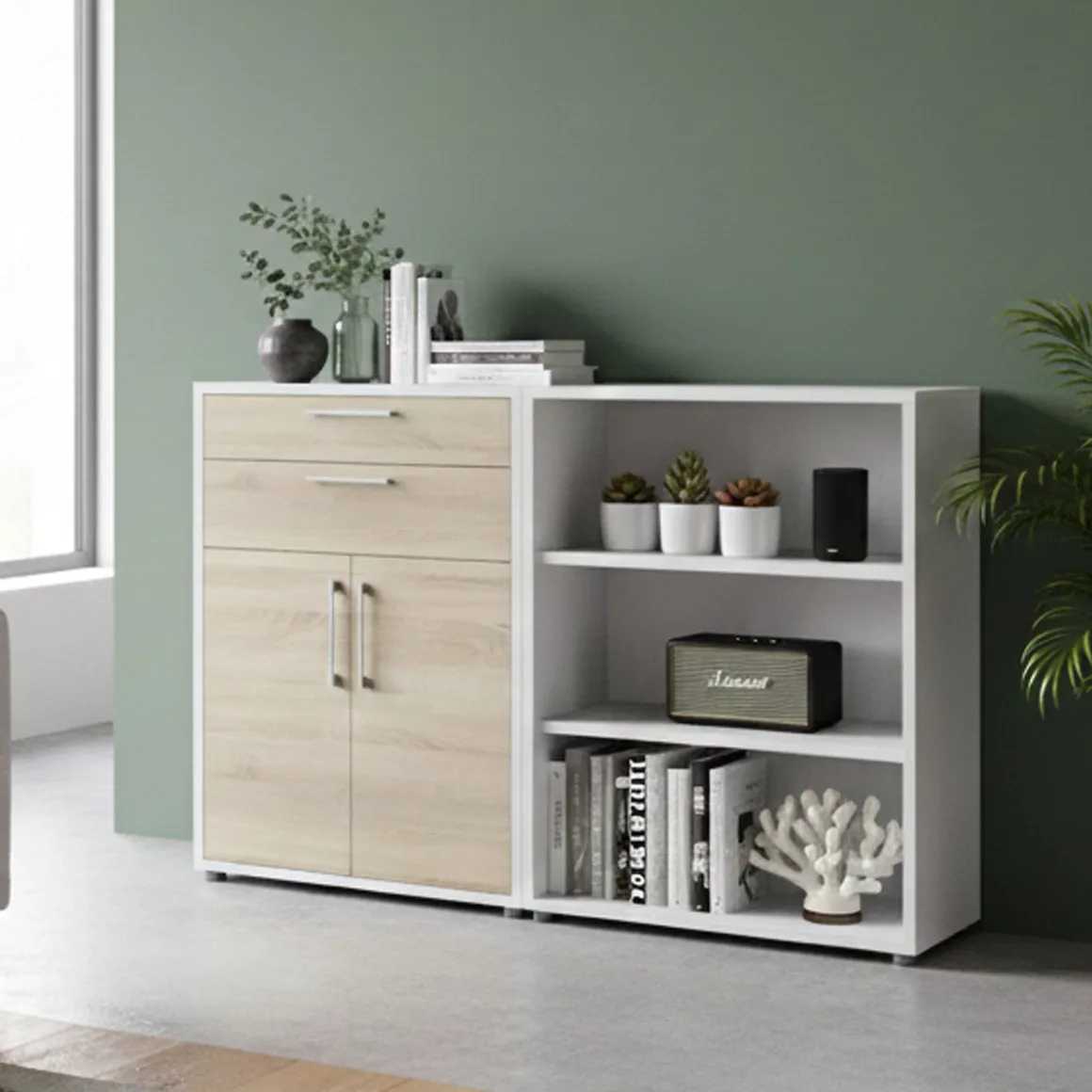 Credenza bianca e quercia 178x40x113h cm 2 ante e 2 cassetti - Albinea