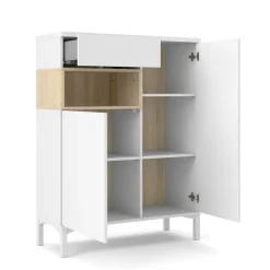 Madie|Credenze > Dmora Credenza bianca e quercia 88x36x118h cm 2 ante e 1 cassetto - Alfra Marrone, Bianco Quercia