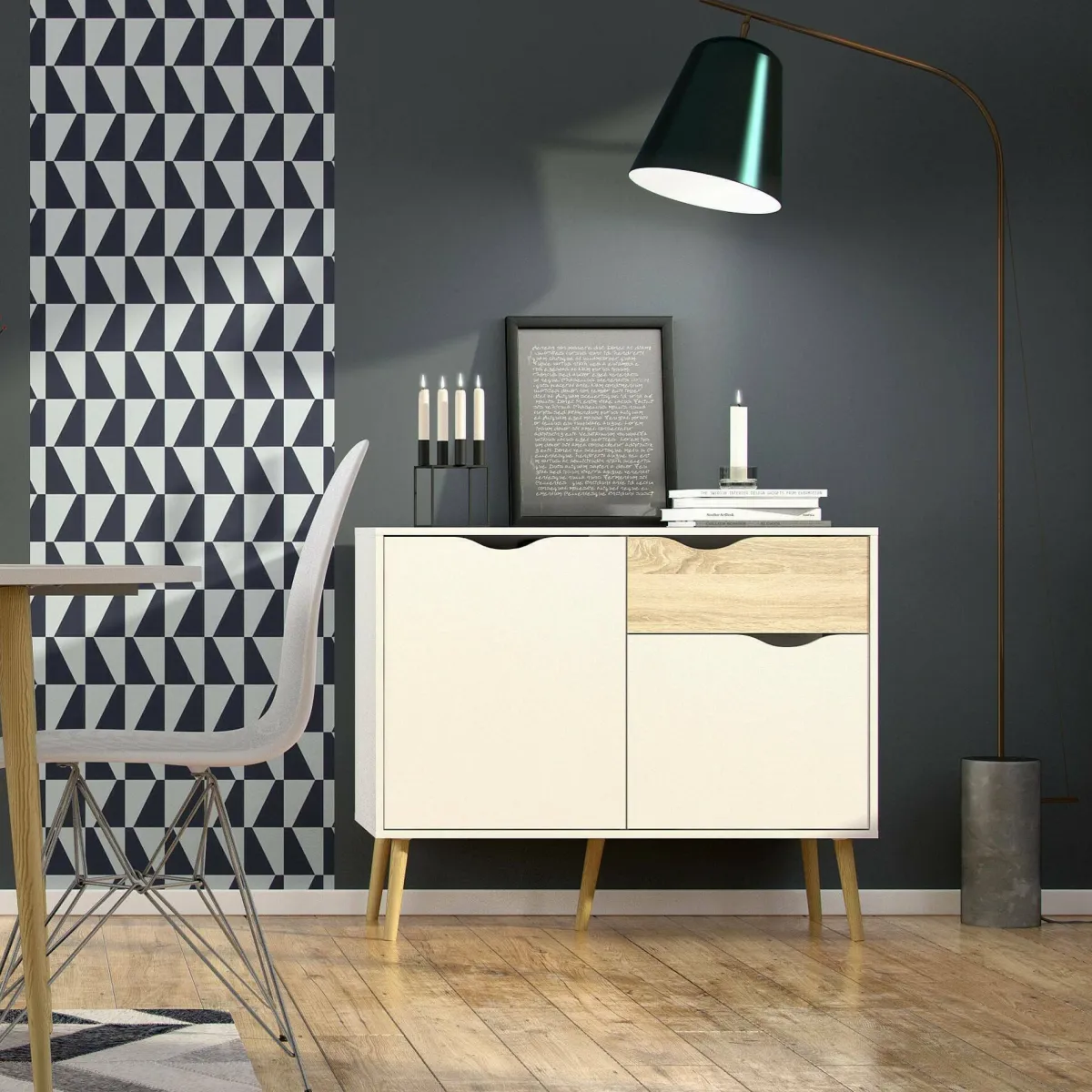Madie|Credenze > Dmora Credenza bianca e quercia 98x39x81h cm 2 ante e 1 cassetto - Audit Marrone, Bianco Quercia