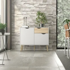 Madie|Credenze > Dmora Credenza bianca e quercia 98x39x81h cm 2 ante e 1 cassetto - Audit Marrone, Bianco Quercia