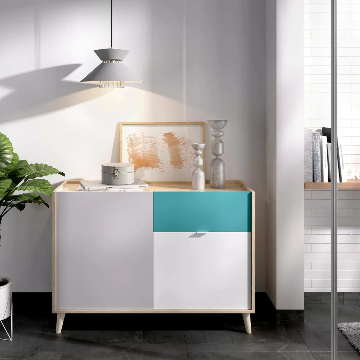 Cucina|Madie > Dmora Credenza bianca e rovere 108x40x126h cm 3 ante e 1 cassetto - Angstrom Marrone, Bianco Rovere