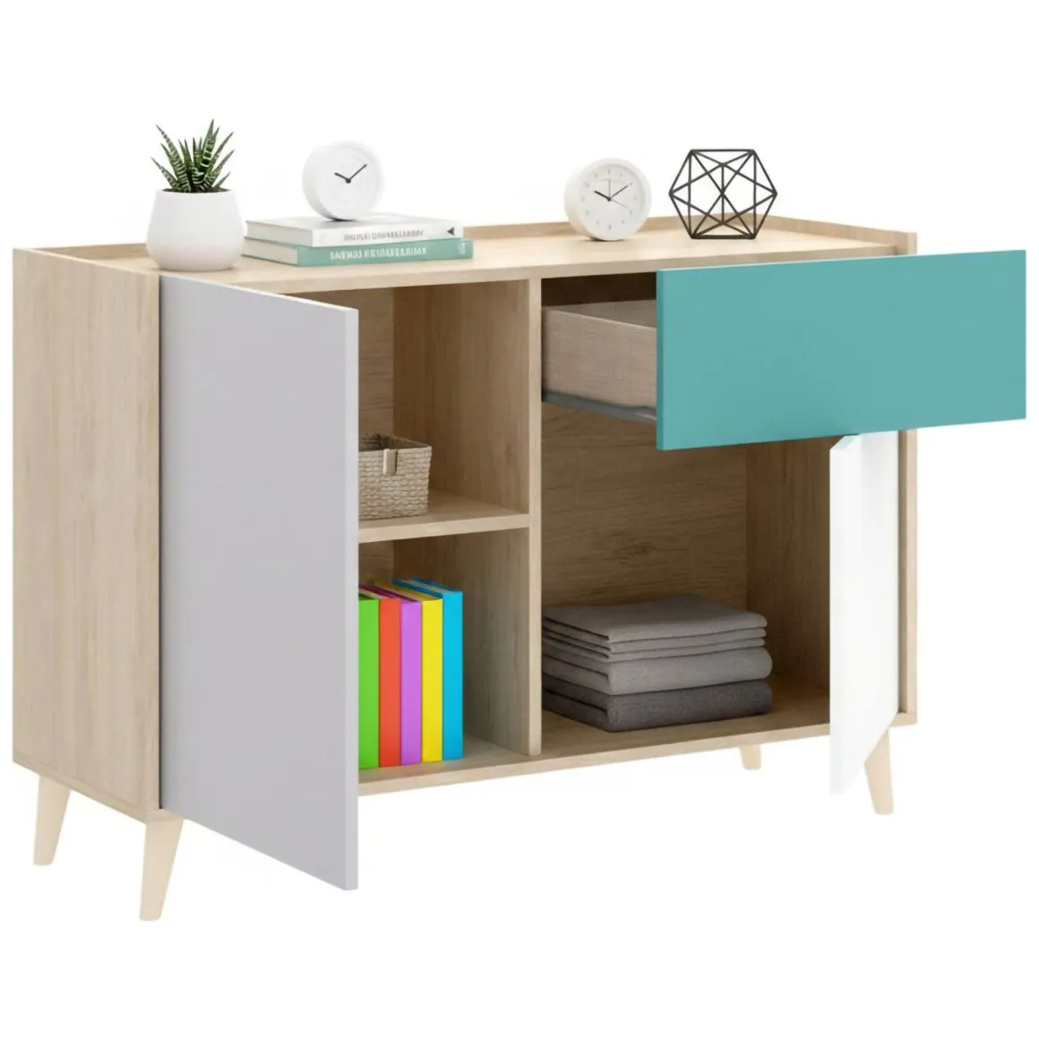Cucina|Madie > Dmora Credenza bianca e rovere 108x40x126h cm 3 ante e 1 cassetto - Angstrom Marrone, Bianco Rovere