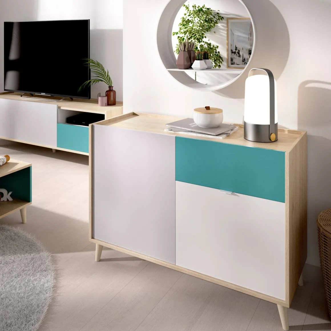 Credenza bianca e rovere 105x43x75h cm 2 ante e 1 cassetto - Ascot