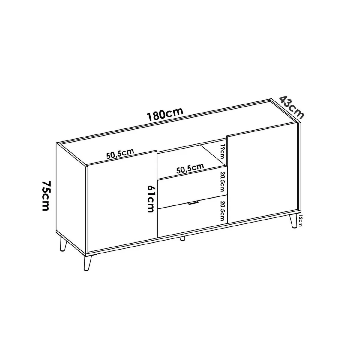 Credenza bianca e rovere 155x43x75h cm 2 ante e 2 cassetti - Asa