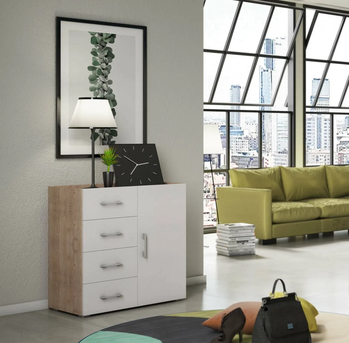 Credenza bianca e rovere 90x41x87h cm 1 anta e 4 cassetti - Aracnida