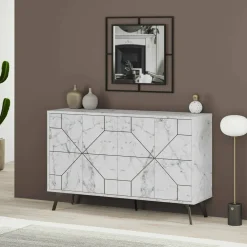 Cucina|Salotto > Dmora Credenza bianca marmo 123x35x62h cm 4 ante - Brunale Bianco Marmo