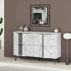Cucina|Salotto > Dmora Credenza bianca marmo 123x35x62h cm 4 ante - Brunale Bianco Marmo