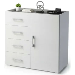 Cucina|Madie > Dmora Credenza bianca 90x41x87h cm 1 anta e 4 cassetti - Aracnida Bianco