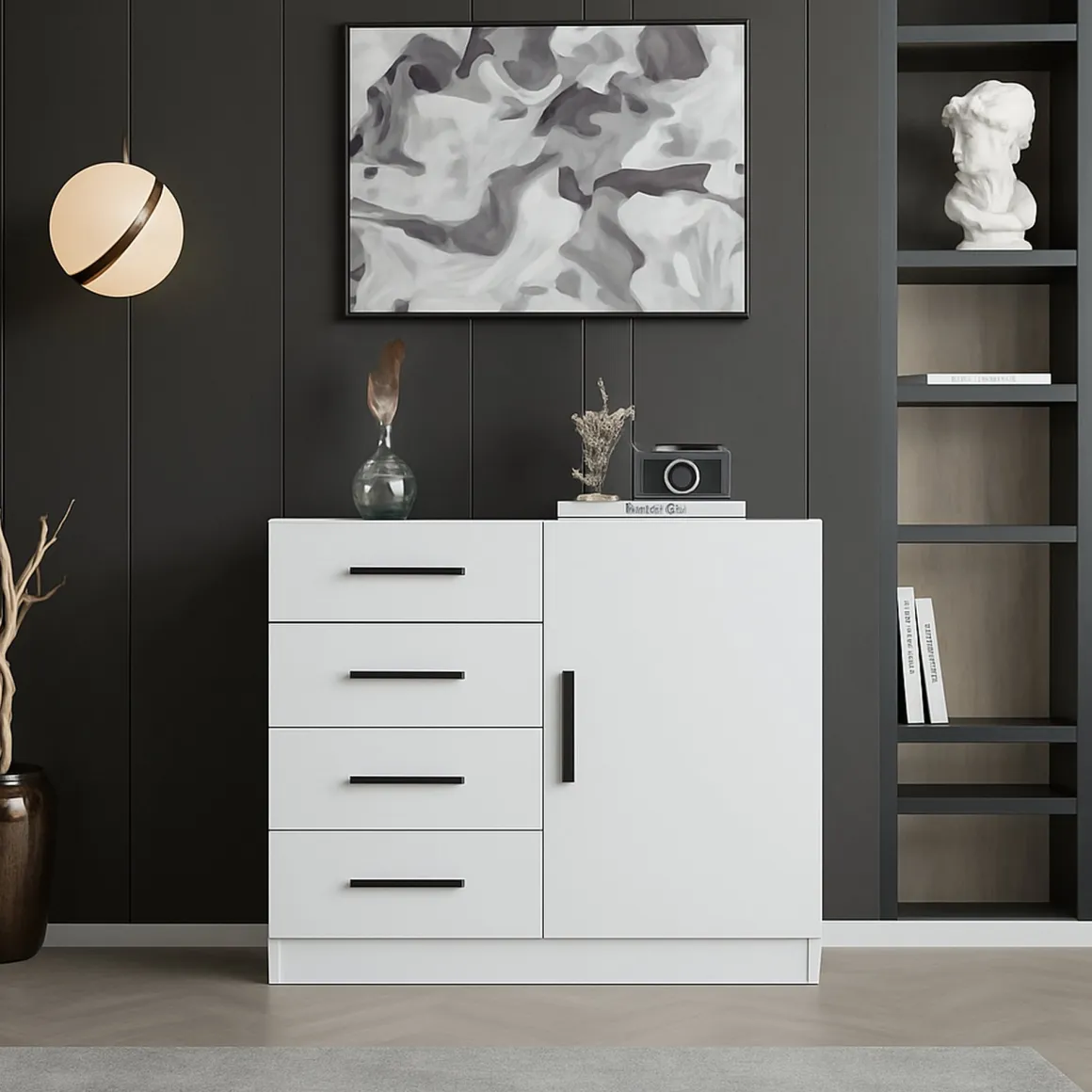 Credenza bianca 90x47x85h cm 1 anta e 4 cassetti - Neoguri